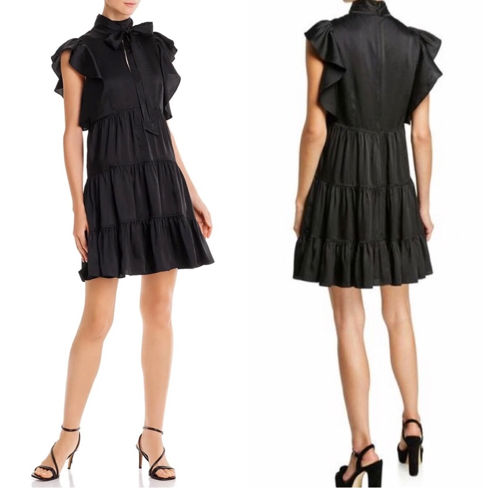 Cinq à Sept Rebecca Satin Ruffle Tiered Bow Tie Flutter Sleeves Mini Dress 12